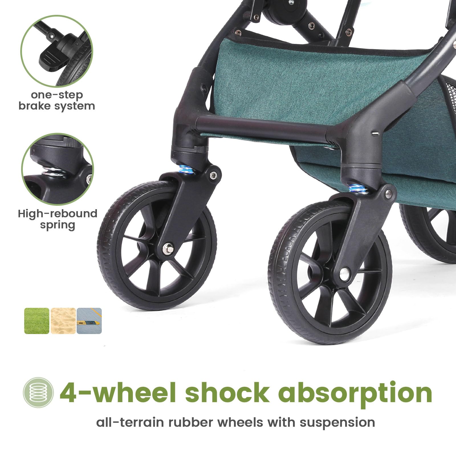 Cochecito de paseo plegable para niños, cinturón de seguridad regulable de 5 puntos, plegable con una mano, capota grande, robusto amortiguado todas las 4 ruedas, asiento espacioso, cesta de la compra