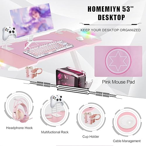 Miniatura 4 de Escritorio rosa para juegos de 53 pulgadas, escritorio para computadora de juegos con luz LED RGB, mesa de carreras grande en forma de Z con junta