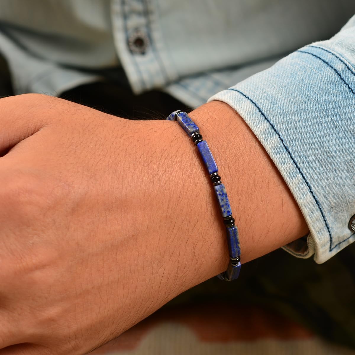 chakra protection mens bracelet features lapis lazuli matched with hematite and black agate Equipped with a stainless steel adjustable chain ideal mens jewelry for yourself father and friends - Image 4