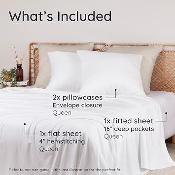 Bambaw 100% Viscose Derived from Bamboo Sheets Queen Size Deep Pocket Set 4pcs Soft Cooling Sheets Queen Size, Fits Up to 16'' with Elastic Corner Straps, Hotel Luxury Bed Sheets Set (White)