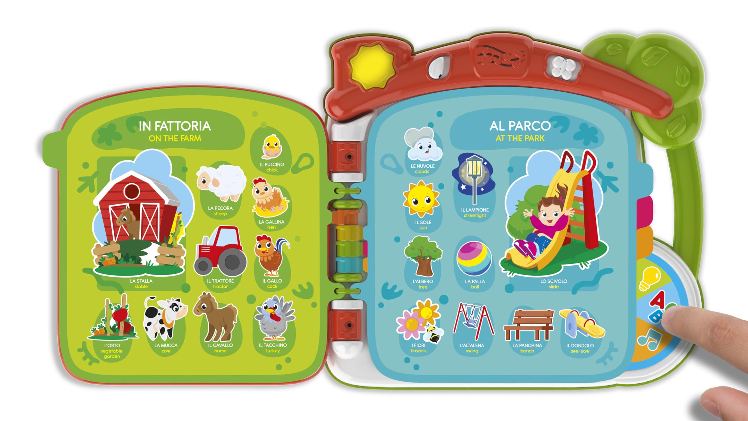Clementoni Baby Discover the world in 100 worlds - interactive book 1 year electronic speaking, edukacyjna dwujęzyczna książka dla dzieci, dwujęzyczny dźwięk dotykowy, nauka włoskiego i angielskiego,