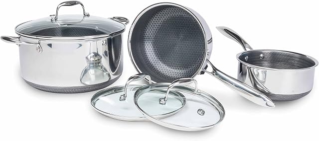 HexClad 6 Piece Hybrid Cookware Set - 2, 3, and 8 Qt Pot Set with 3 Glass Lids, Stay-Cool Handle, Non-stick - PFOA Free, Oven Safe, Works with Induction, Ceramic, Electric, and Gas Cooktops