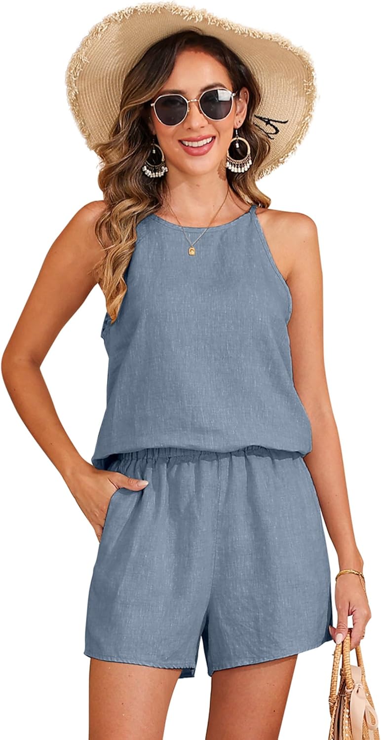 100% Linen Short Set 2 Piece for Women Summer Sleeveless Halter Neck Top High Waist Shorts Travel Beach Lounge Outfits