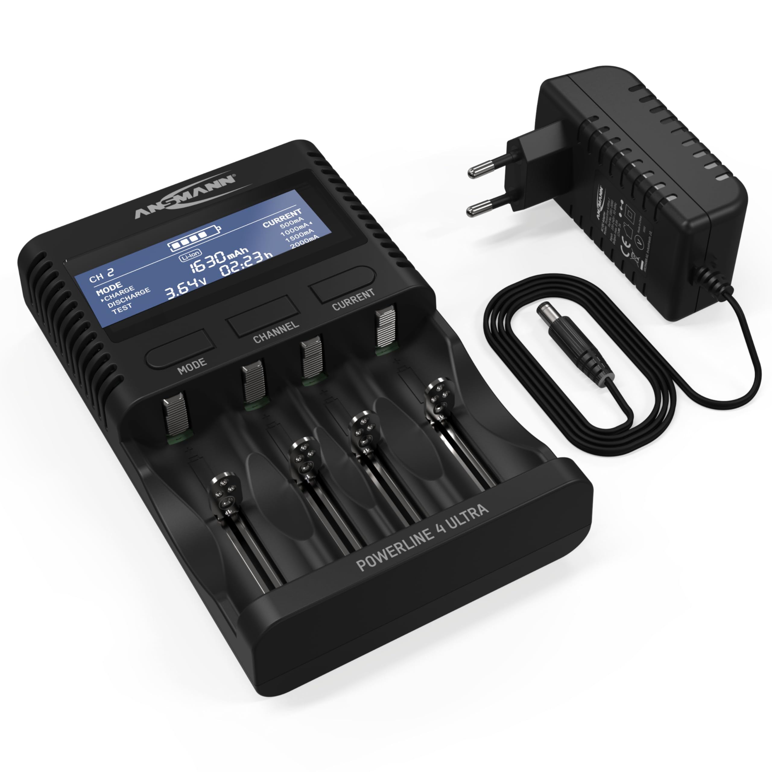 ANSMANN Akku-Ladegerät für 1-4 NiMH & Li-Ion Akkus AAA AA C D LCD-Display | Powerline 4 Ultra Profi-Akkupflegestation, USB-Ladeport für Smartphone, 4 Ladeprogrammen und Einzelschachtüberwachung