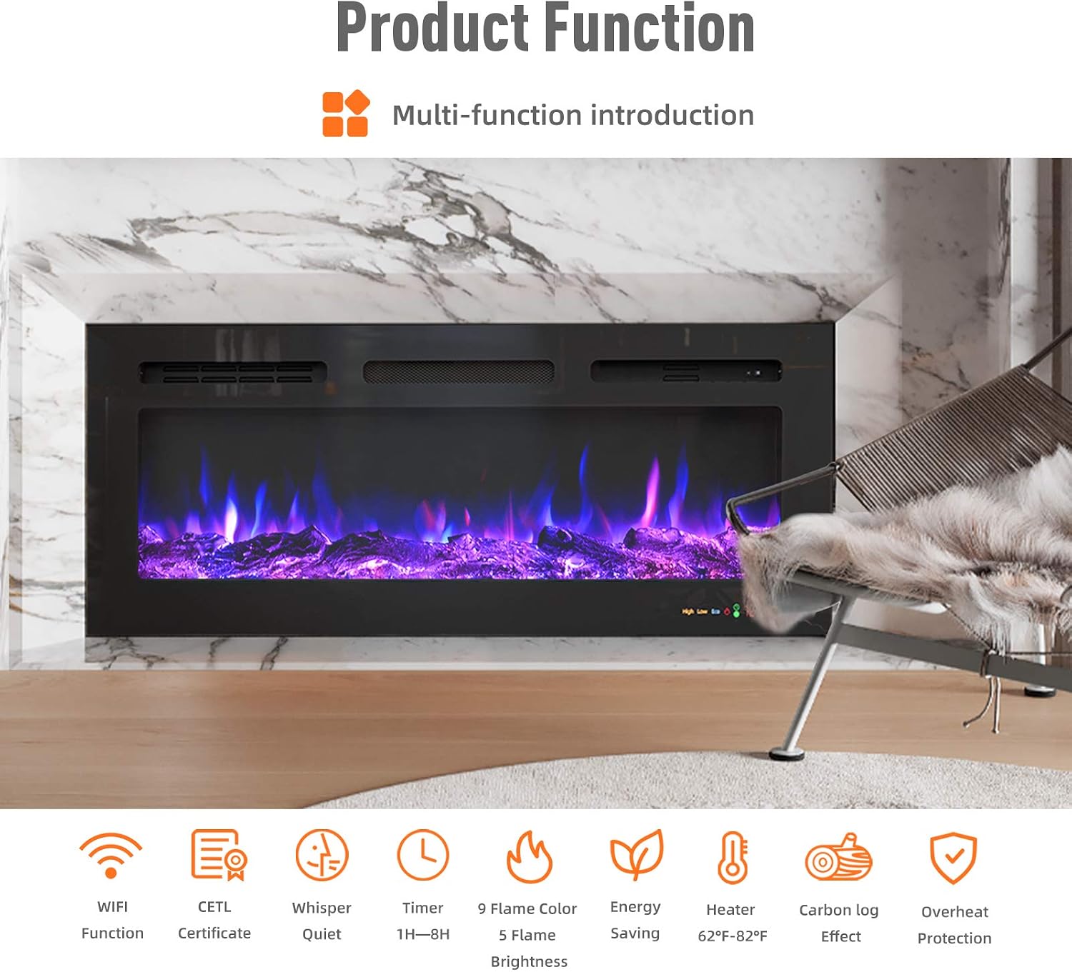 KUPPET Electric Fireplace 25.3'' Fireplace Insert with Remote Control 500W/1500W- in Wall Recessed - 6H Timer - Digital LED Display - Safety Cut Off