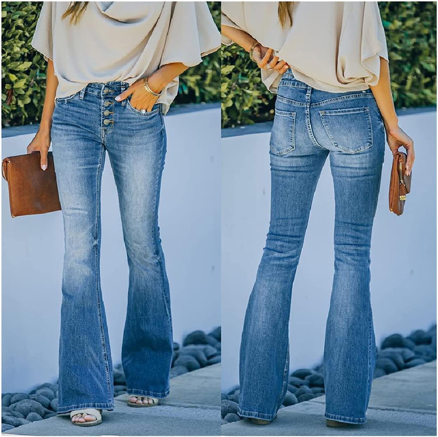Jeans De Pierna Acampanada Cintura Alta Con Botones Vintage De Los Años 90, Pantalones De Pierna Ancha Tiro Alto Jeans De Mezclilla Azules Elásticos, Classic Pull-On Stretch Denim Bell Bottom Vaqueros