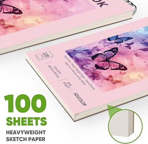 Miniatura 86 de Soucolor - Cuaderno de bocetos de 9 x 12 pulgadas, paquete de 1 de 100 hojas, encuadernado en espiral, libre de ácido (68 libras/100 g/m²), bloc
