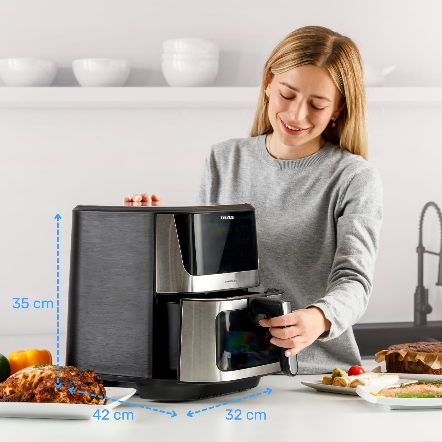 Taurus – Freidora aire Air Fry Digital 360 XL | 2100W | 8L | 12 programas | Pantalla táctil | Doble resistencia | Interior metálico | Precalentado | Libre de BPA y PFOA | Recetario online
