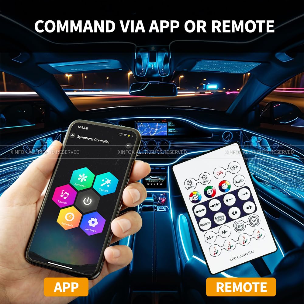 Acrylic Car Led Lights Interior with Wireless APP, Universal RGB Ambient Lighting Car Kit,175 inch Neon Flexible Fiber Optic Led Strip Music Sync Lights,10 in 1 USB Power Dash Footwell DIY Mode