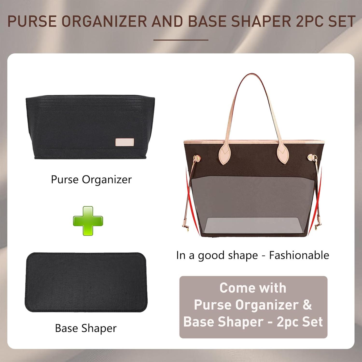 Doxo Purse Organizer Insert, Felt Bag Insert Tote Shaper Fit LV Speedy 30, Neverfull PM & Base Shaper 2pc Set (Medium-Black-Combination) - Image 3