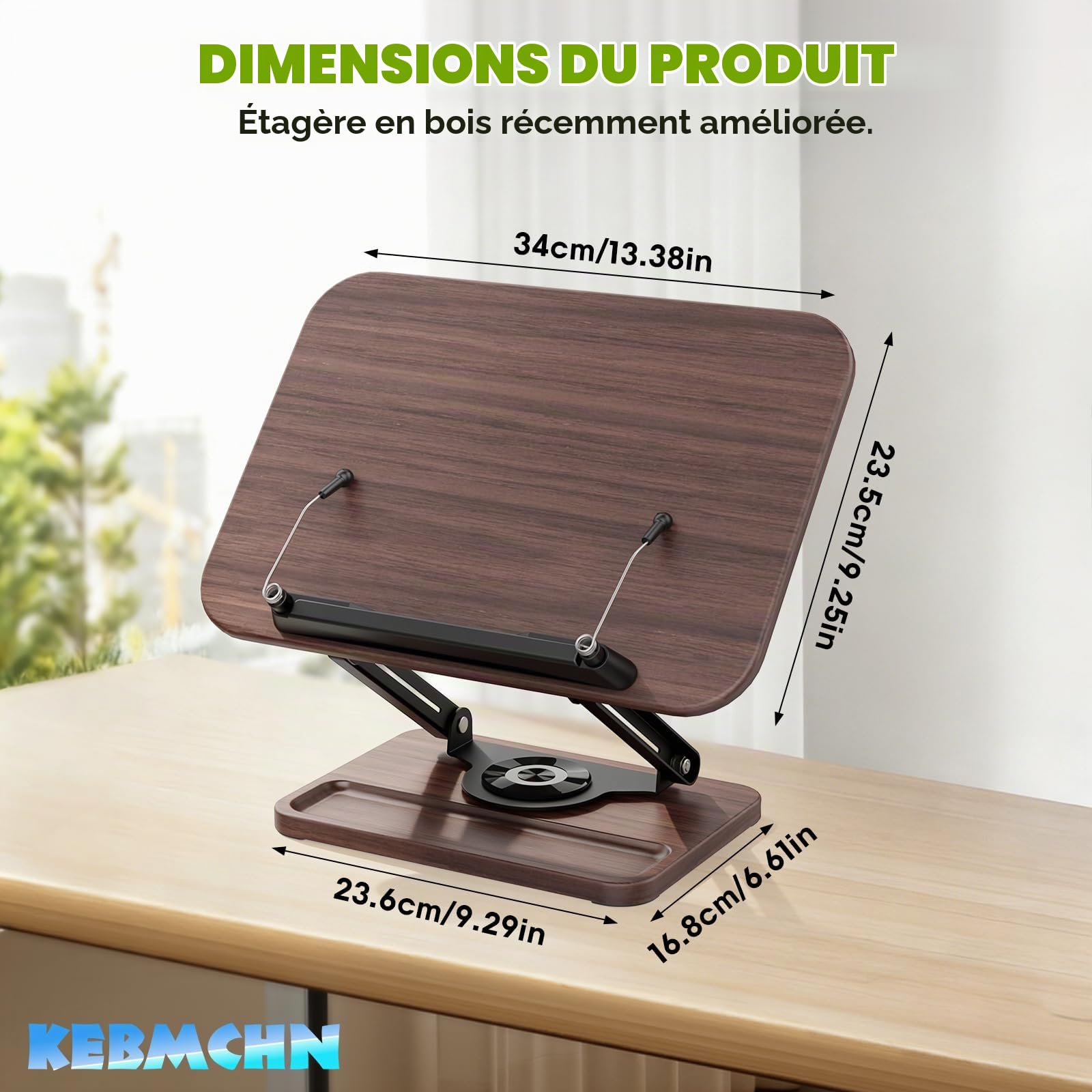 Support de Lecture en Bois, Base Pivotante 360°, Hauteur Réglable | Porte-Livre pour Livres de Cuisine, Manuels Scolaires, Ordinateur Portable, Partitions Musicales