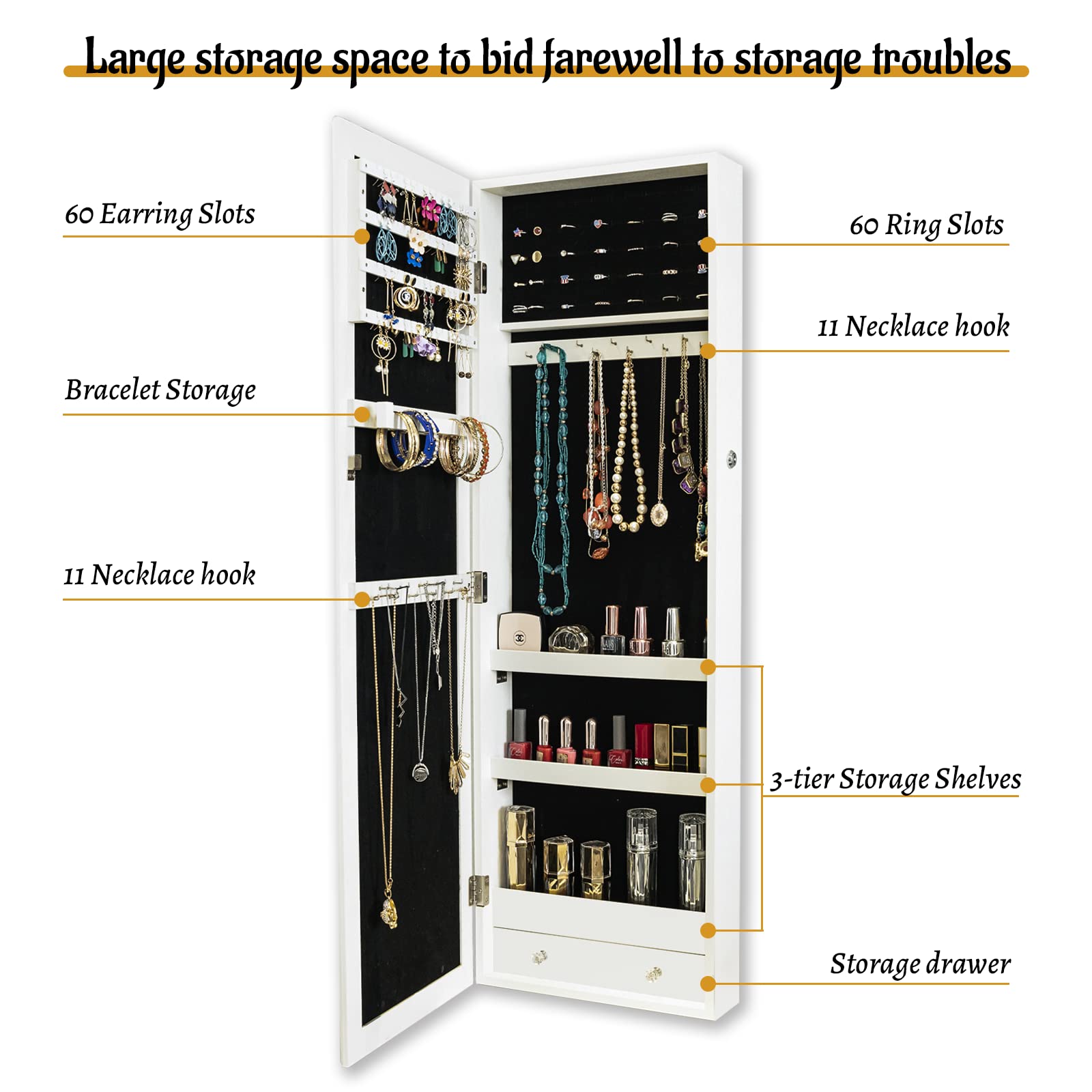 KEDLAN Wall/Door Mounted Jewelry Armoire Organizer , Lockable Height Adjustable Jewelry Cabinet with Full Length Mirror, Large Capacity Dressing Makeup Jewelry Mirror Storage white