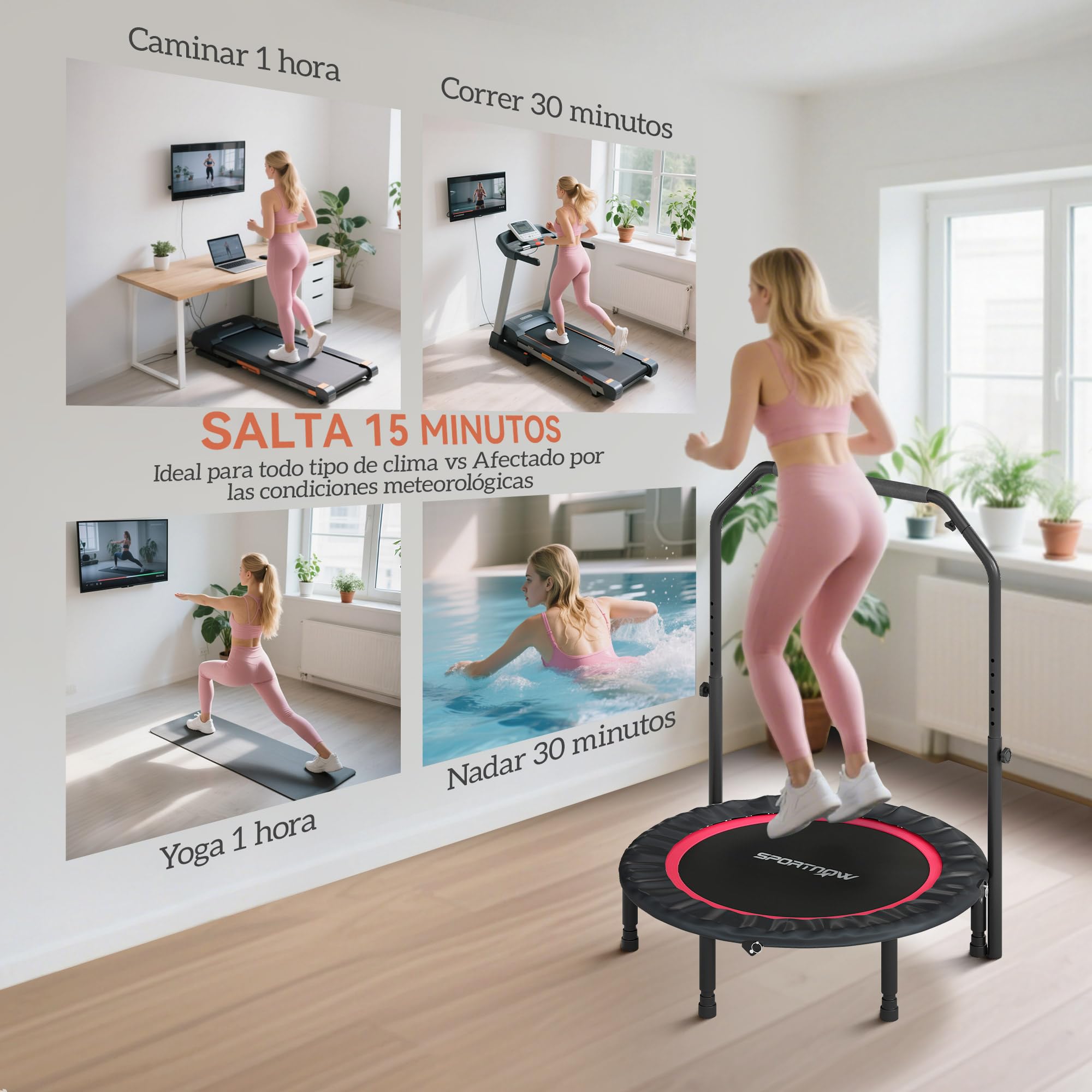 SPORTNOW Trampolín de Fitness Adultos Ø102 cm, Cama Elástica Plegable con Mango Ajustable de 4 Niveles y Bandas, para Entrenamiento Piernas Cuerpo en Hogar Oficina Gimnasio Exterior, Carga 150 kg