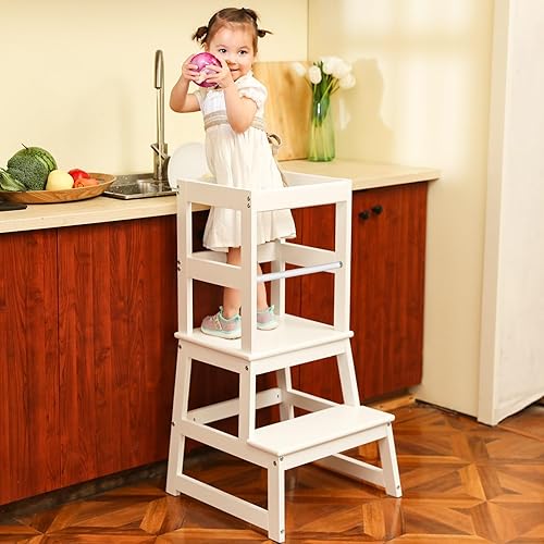Miniatura 8 de Wiifo Taburete de cocina para niños pequeños, taburete de aprendizaje Montessori de altura ajustable, torre de pie para niños pequeños (blanco)