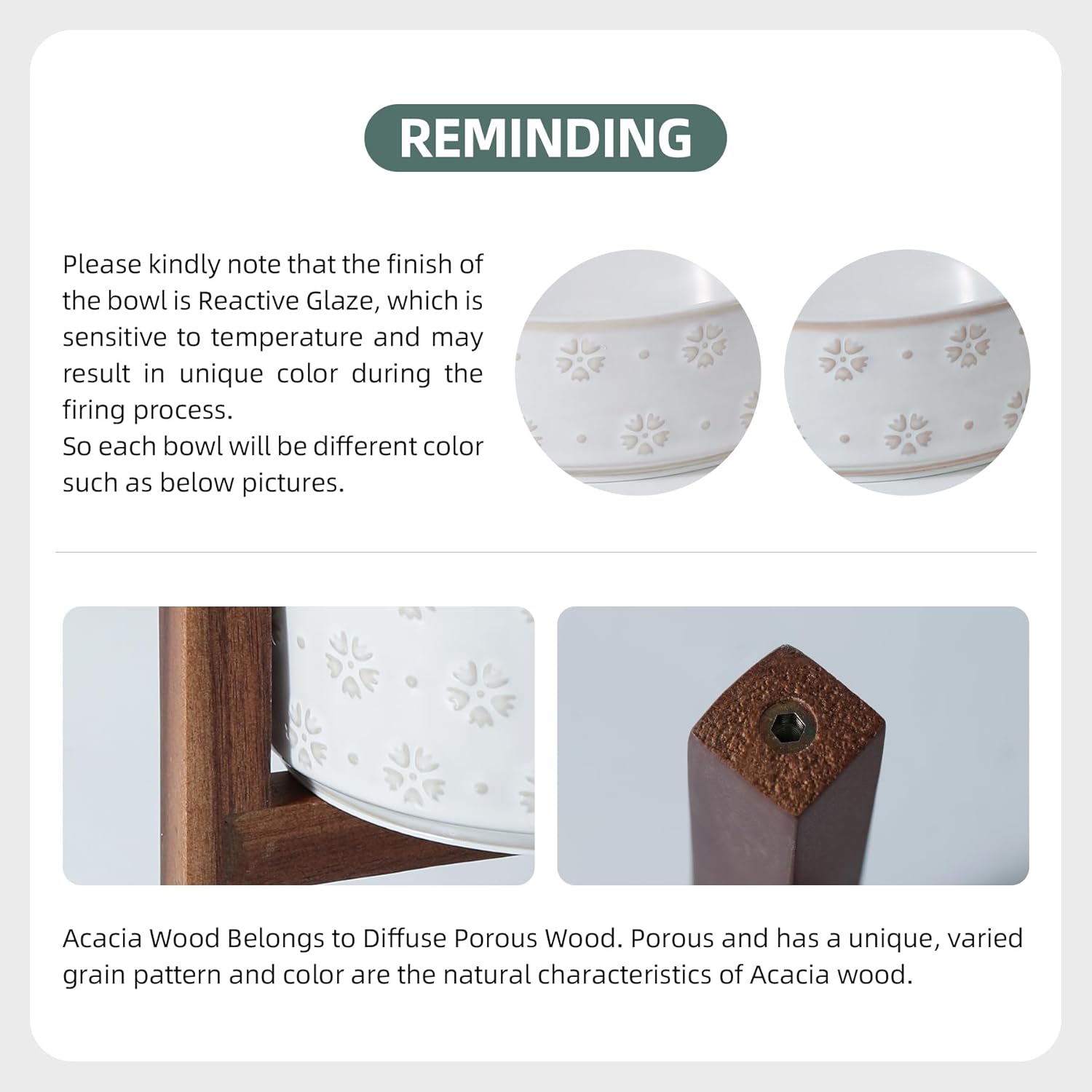 Havniva 6.1inch Ceramic Raised Double Bowls Set with Acacia Wood Stand, 2 Heights Elevated, Food & Water Bowls for Toy Breed Dogs, Kitty, Cats, Pet Bowl(13.5OZ, Arctic White)