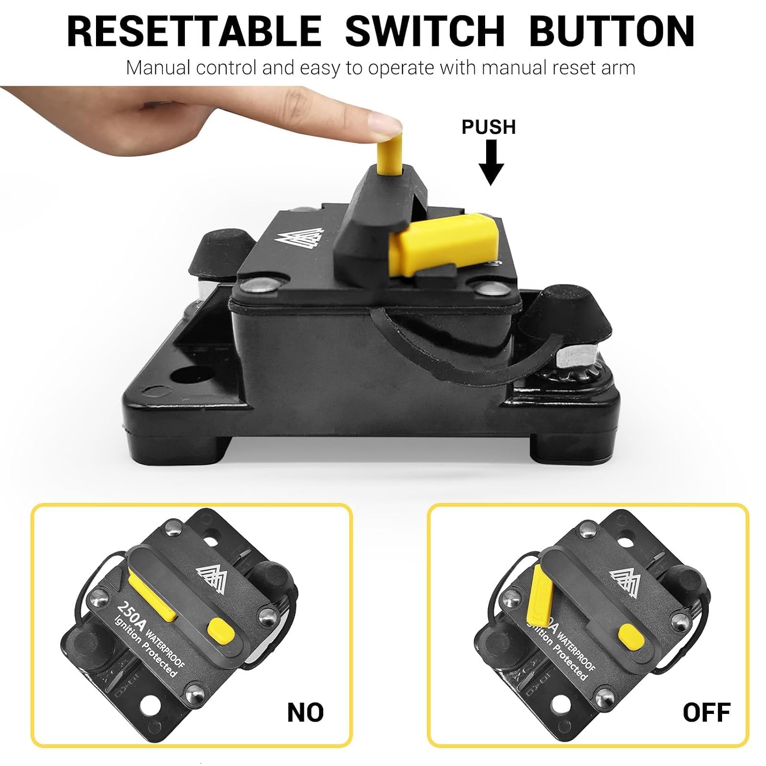 Waterproof 250A Circuit Breaker Fuse Holder 12V- 48V DC Manual Reset Switch for Boat Trolling Motor Marine ATV Trailer Vehicles Stereo Audio Electronic Battery Solar System w/2 Screws