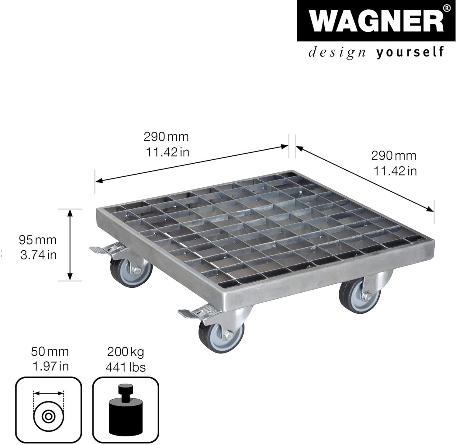 Wagner Industrial Style Plant Trolley 29 x 29 x 9,5 cm I Flower Trolley for Indoor + Outdoor use I Plant Pot Trolley galvanised Steel Grid I Load Capacity 200 kg - 20701501