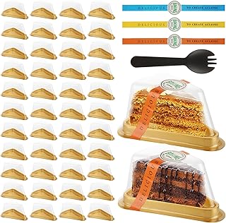 100 Pack Cake Slice Container, Disposable Cheesecake Containers with Lid, Sticker and Fork, Individual Pie Slice Containers for Snack Dessert Mousse - Gold