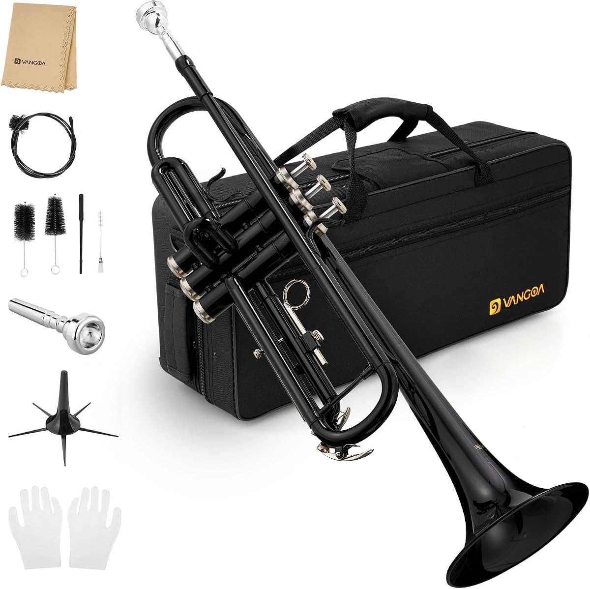 Student Bb Trumpet, Black Finish Brass for School Band Orchestra Beginners | 7C Mouthpiece, Stainless Steel Valves, Adjustable 3rd Valve Ring, Hard Case, Cleaning Kit, White Gloves