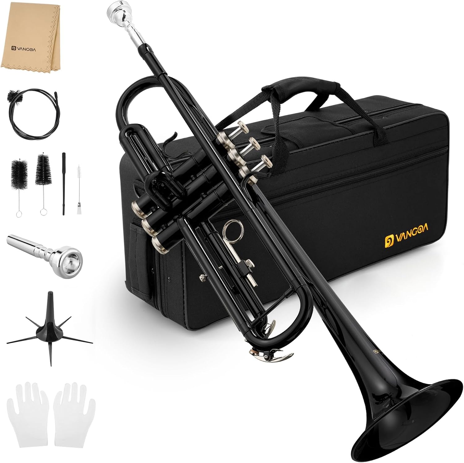 Vangoa Bb Trumpet Brass Standard Black Trumpet Instrument for Student School Band Orchestra Adult Kid Beginner with Hard Case, Stand, Cleaning Kit, White Gloves, Valve Oil and 7C Mouthpiece