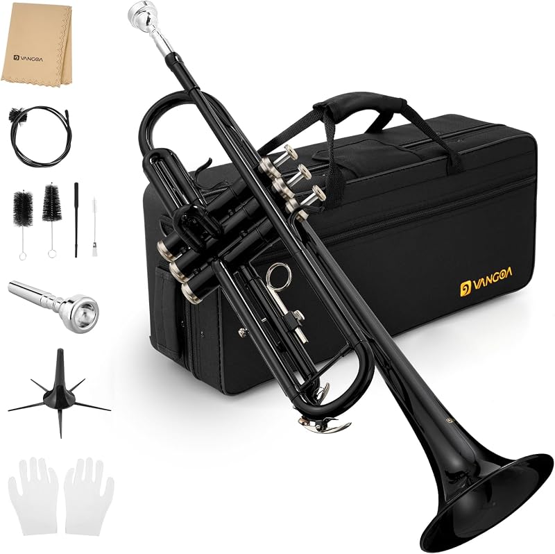 Student Bb Trumpet, Black Finish Brass for School Band Orchestra Beginners | 7C Mouthpiece, Stainless Steel Valves, Adjustable 3rd Valve Ring, Hard Case, Cleaning Kit, White Gloves