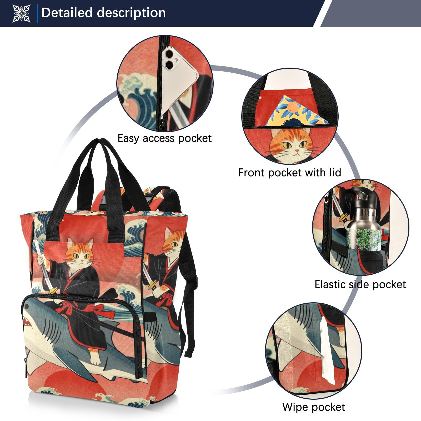Mochila pañalera para mamás, papás, vintage, japonés, samurái, gato