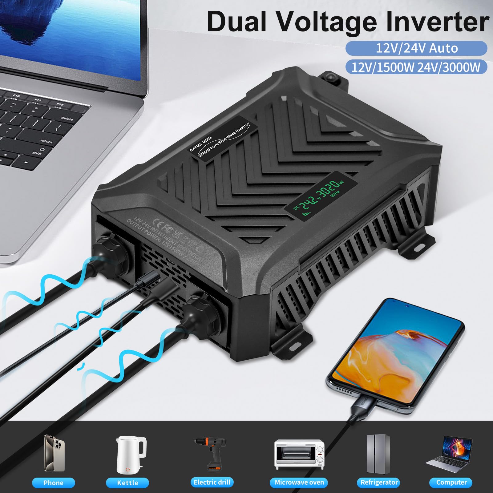 DATOUBOSS Inverter Onda Sinusoidale Pura 12V/24V a 220V Convertitore Universale Onda Pura 3000W con sistema di rilevamento intelligente, con LCD Display, interfaccia USB, Type-C e 2 presa UE