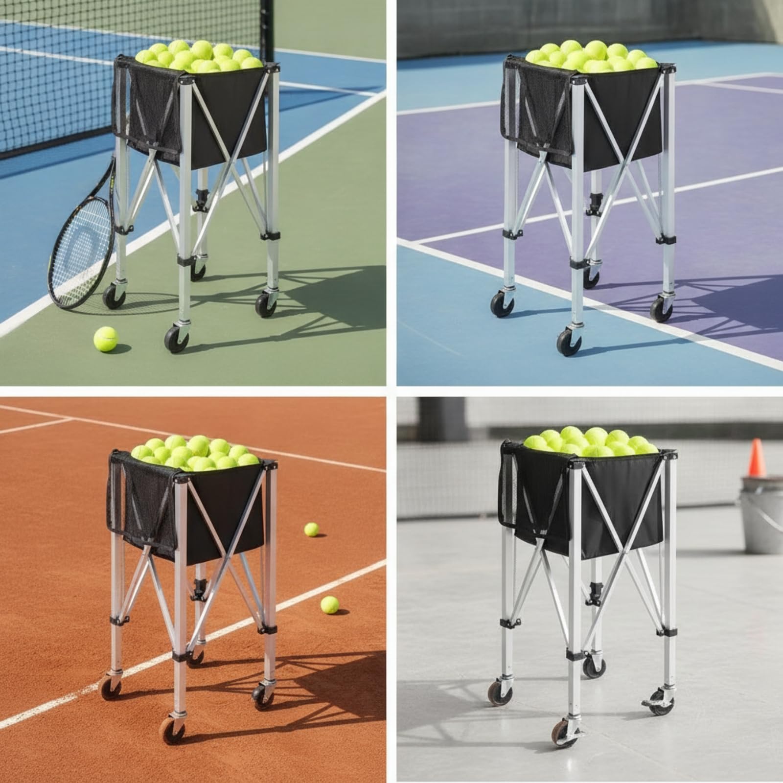 Perfeclan Carro de Pelotas de Tenis Carro Canasta Soporte Cesta con Ruedas con Cesto Textil Resistente y Bastidor Cruzado Plegable Adecuado para Ejercicios de Recogida y Distribución de Pelotas
