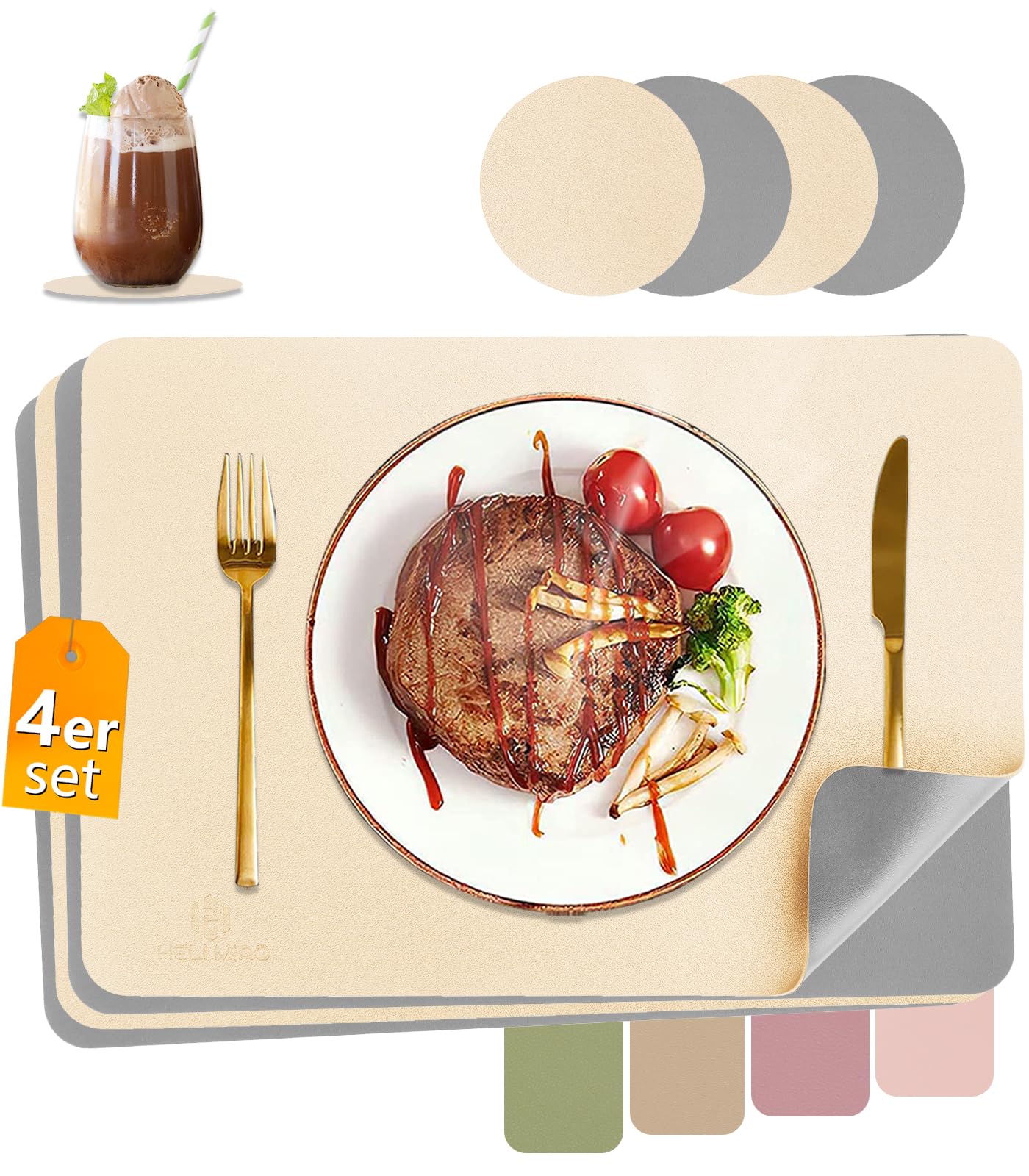 HELI MIAO Tischsets Abwaschbar,Platzsets Abwischbar,Tischset Leder,Hitzebeständig Doppelseitigen I 4er Set Platzdeckchen Lederoptik mit Untersetzer,Tischuntersetzer,Platzdecken beige+Haze blau