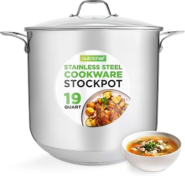 NutriChef 19-Quart Stainless Steel Stockpot 18/8 Food Grade Heavy-Duty Induction-Compatible Pot with See-Through Lid, Ideal for Stews, Broths, Simmering & Soups, Dishwasher Safe NCSP20