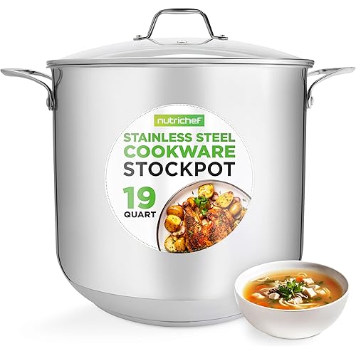 NutriChef 19-Quart Stainless Steel Stockpot – 18/8 Food Grade Heavy-Duty Induction-Compatible Pot with See-Through Lid, Ideal for Stews, Broths, Simmering & Soups, Dishwasher Safe – NCSP20