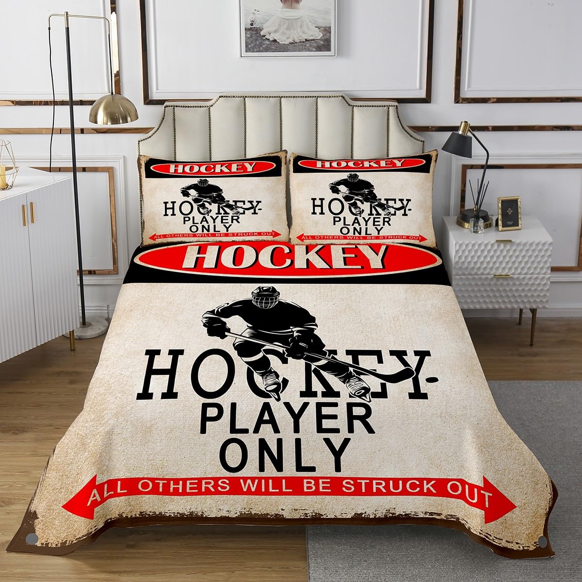 jejeloiu Kids Ice Hockey Bedspread Twin Size Ice Sports Games Quilted Coverlet for Boys Girls Teens Hockey Player Coverlet Set Puck Hockey Bedroom Decor Breathable Soft Lightweight Microfiber 2Pcs