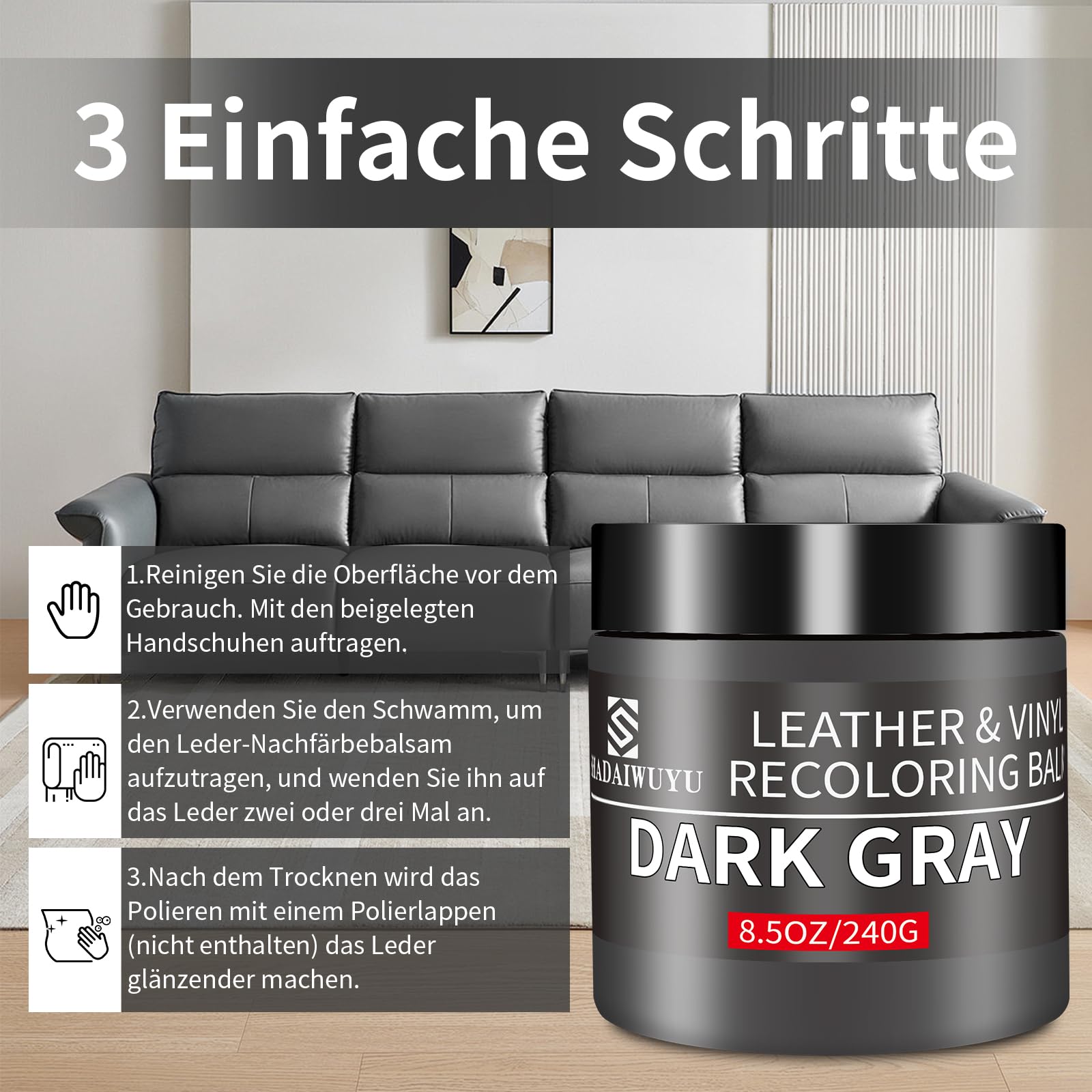 240g Lederpflege Auto,Leder Reparatur Set Dunkelgrau,Flüssigleder,Lederfarbe,Kunstleder Reparaturset zum Reparieren von Sofas,Vinylmöbeln,Autositz,Lederschuhen,Sattel bei Verblassen und Kratzern
