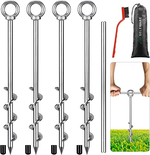 SELEWARE Juego de 4 estacas de camping resistentes para exteriores, juego de 4 anclajes para cama elástica, estacas de amarre para perros, barra