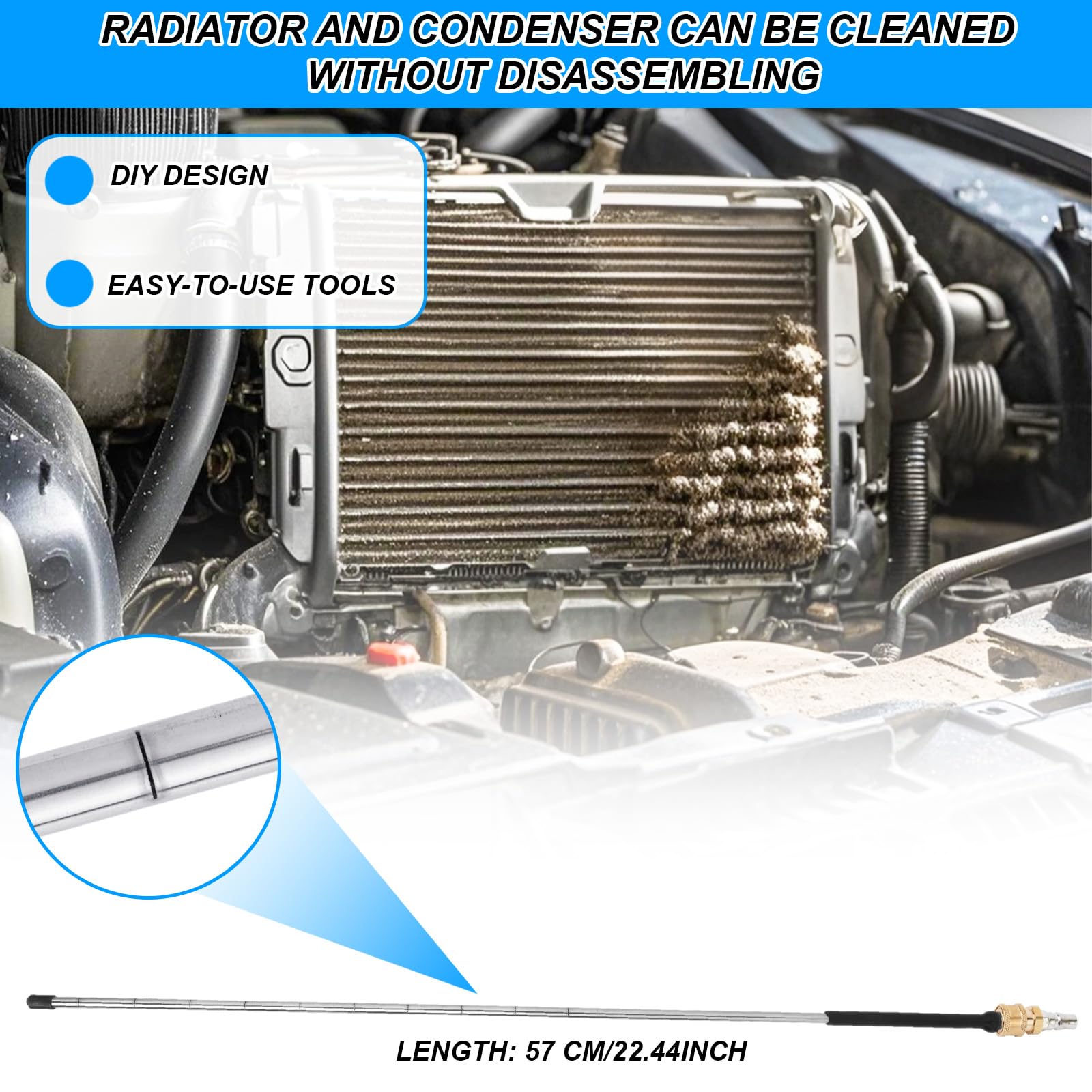 Kit Asta Pulizia Radiatore, Asta 57cm con 5 Giunzioni Angolate Interruttore Valvola Spazzola Strumento Pulitore Radiatore per Auto Camion Pulitrice a Pressione Pompa Aria Pressione Risciacquo