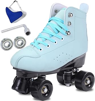 Skates Womens Mens High Top Black PU Leather Classic Double Row Adjustable Outdoor Indoor Quad Skates and Roller Derby