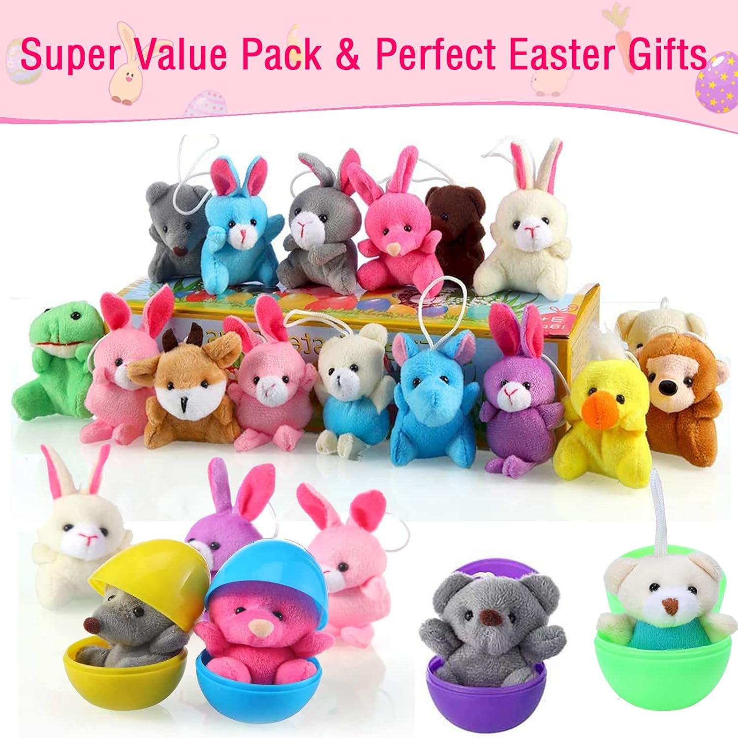 18 Pack Easter Eggs Filled with Mini Plush Animals Stuffed Toy for Kids Easter Basket Stuffers/Fillers, Easter Eggs Hunt, Easter Party Favor，Gift Exchange, Classroom Prize
