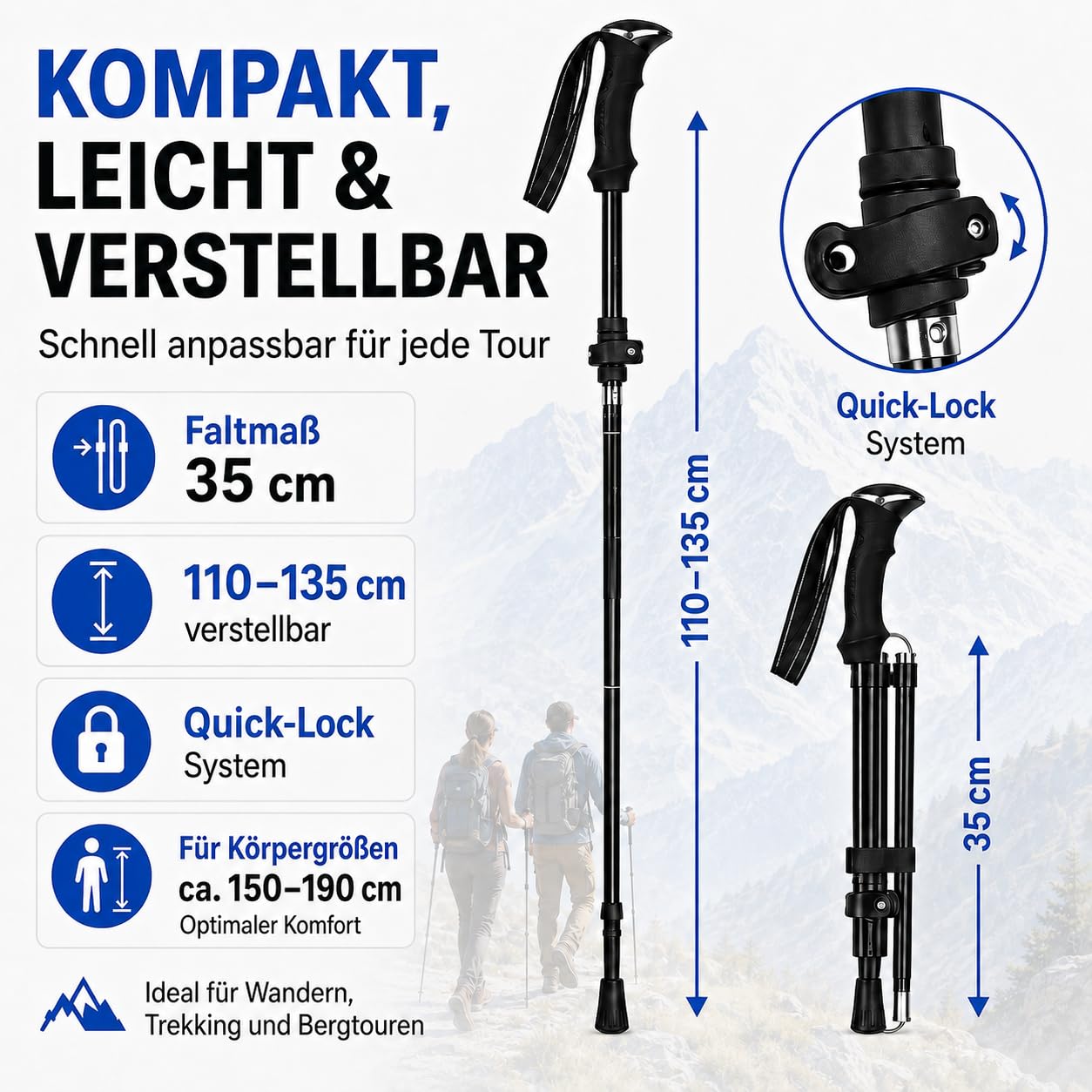 Wanderstöcke Faltbar, Nordic Walking stöcke Damen und Herren, Aluminium Trekkingstöcke Teleskop, Wanderstock Verstellbar 110cm-135cm, mit Gummipuffer und Tragebeutel Geeignet für Bergsteigen
