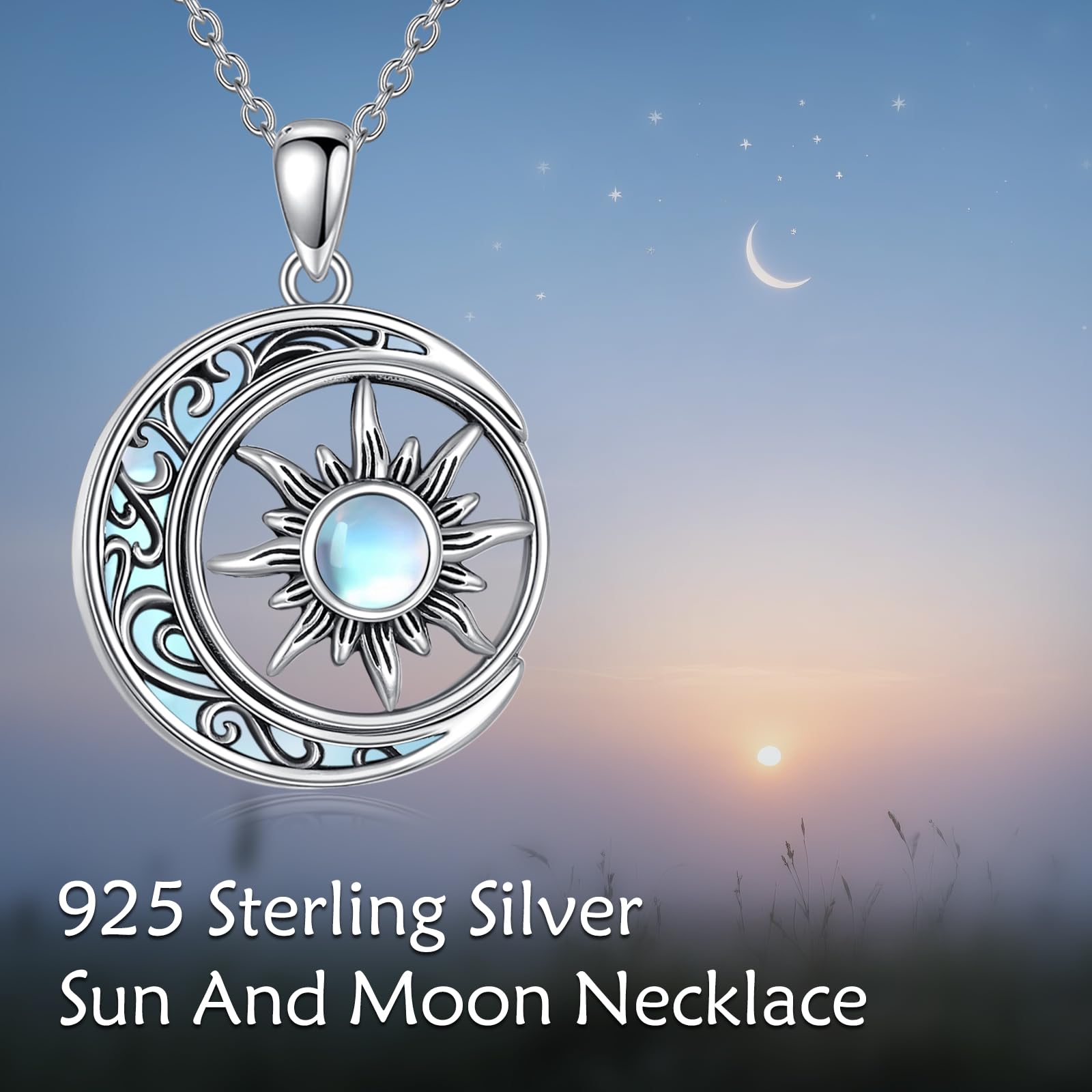 KZX Collier soleil et lune en argent sterling 925 - Pendentif soleil et lune - Cadeau pour femme, mère, épouse