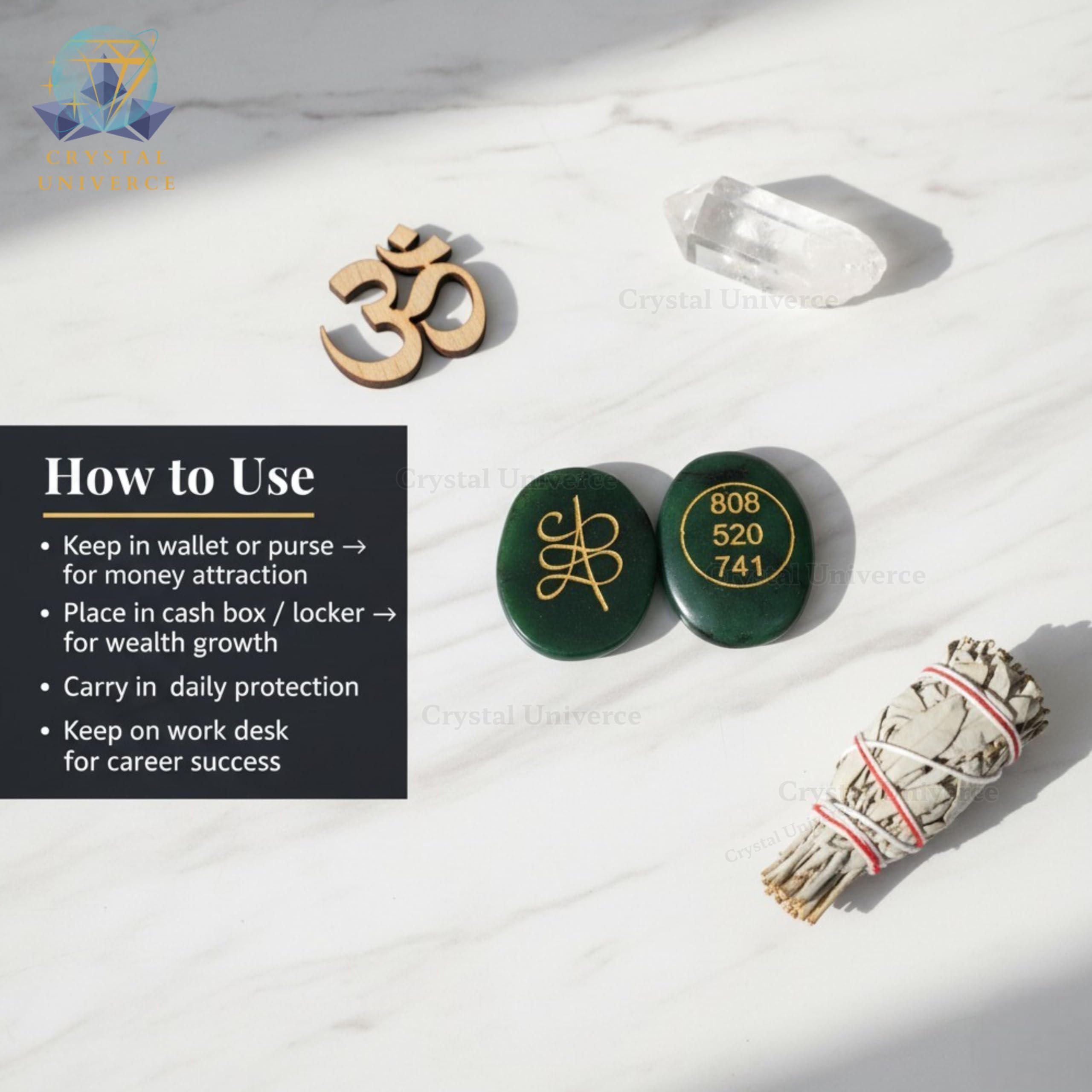 Green Jade Zibu Symbol Crystal Coin with Angel Numbers 808, 520