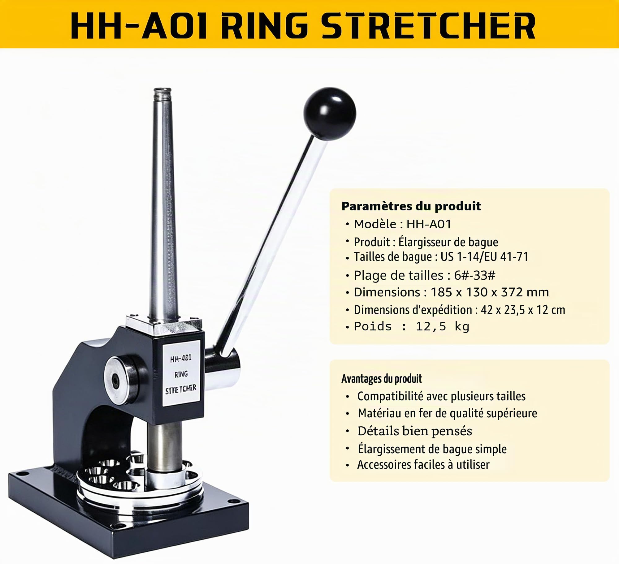 GEMKIT Écarteur et Réducteur de Bagues Professionnel, Machine Manuelle de Redimensionnement, Outil d’Ajustement de Taille pour Bijouterie, Machine pour Agrandir et Réduire les Anneaux, HH-A01