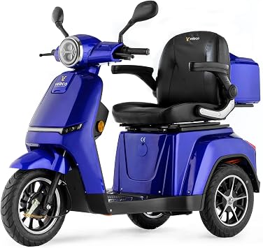 VELECO TURRIS - 3 Wheeled Mobility Vehicle - Fully Assembled and Ready to use - Full LED Lights - High Contrast Display - Alarm System Blue