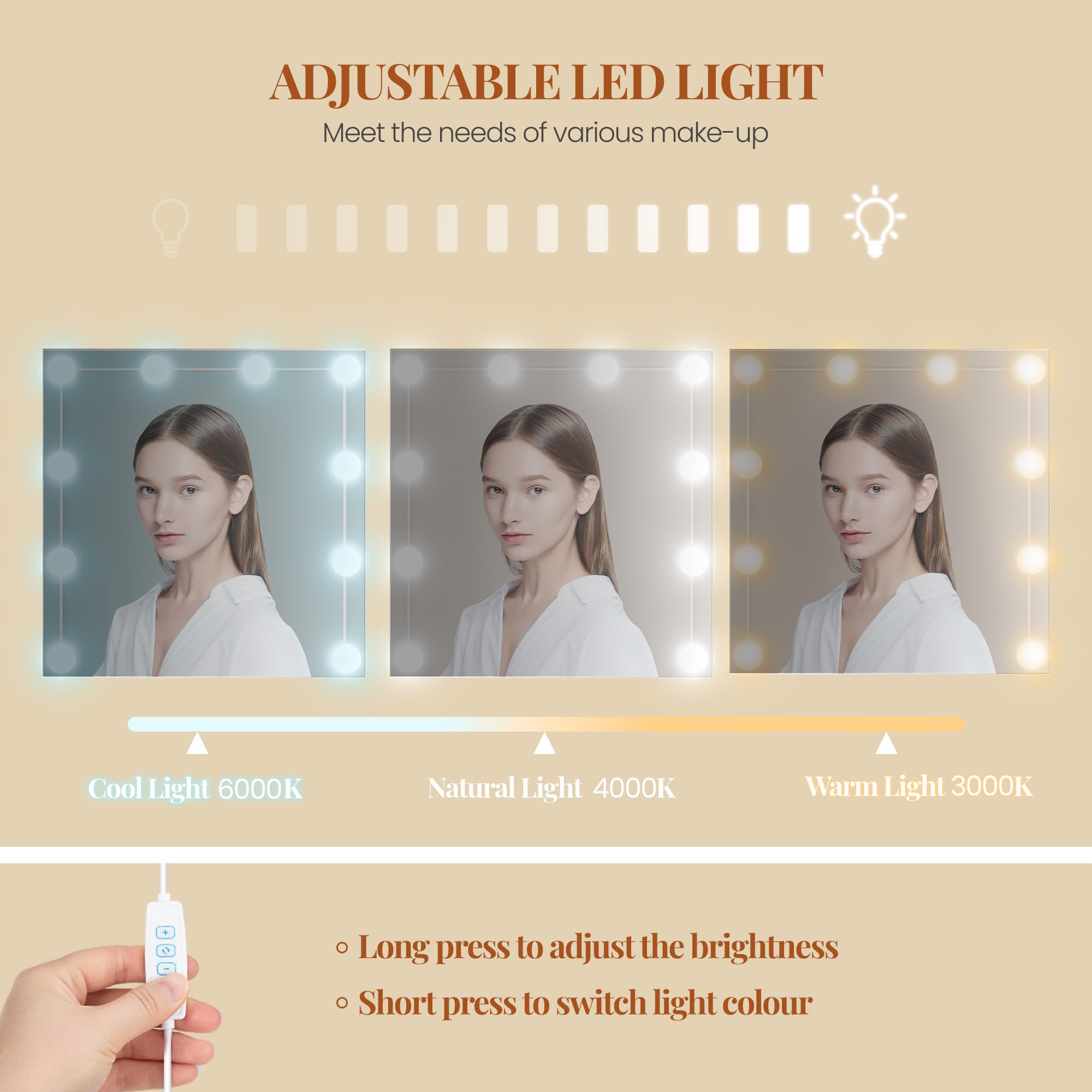 HEXCELEN 108 cm Coiffeuse avec Miroir et Lumières LED, Blanc | Luminosité Réglable, Tiroirs, Armoire et Étagères Ouverts, Table de Maquillage, Miroir avec Étagères Cachées
