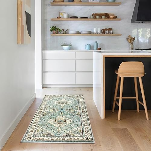 Miniatura 462 de Lahome Tapete tribal bohemio, pequeño, suave, antideslizante, lavable, de pelo corto, para piso en puerta, interior, entrada, baño, silla, Verde