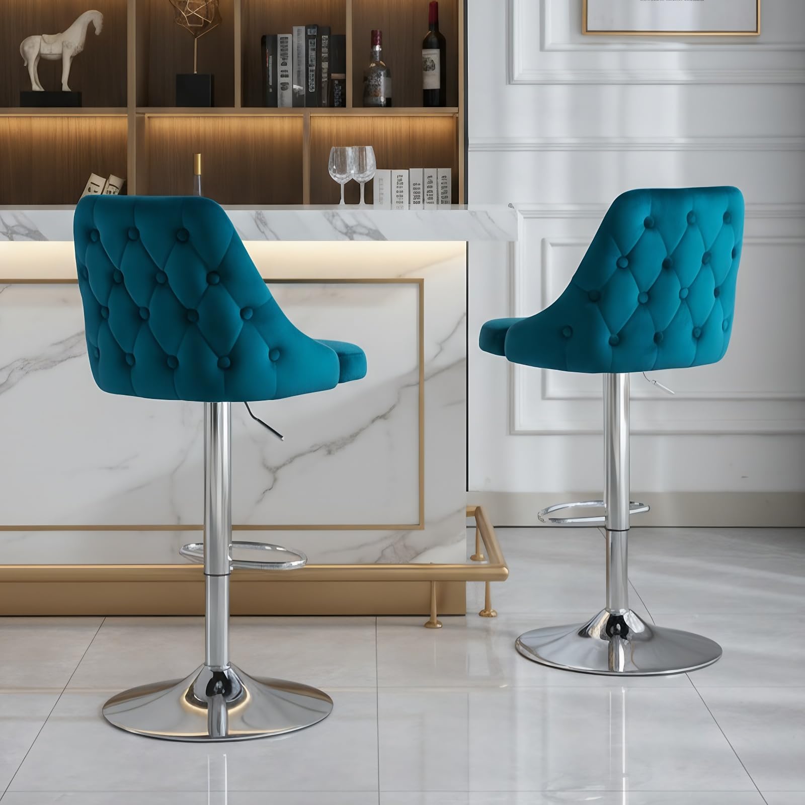 chairus Juego de 2 Taburetes Altos de Cocina Taburetes de Bar de Terciopelo Giratorios de Sillas Comedor con Altura Ajustable (Teal)