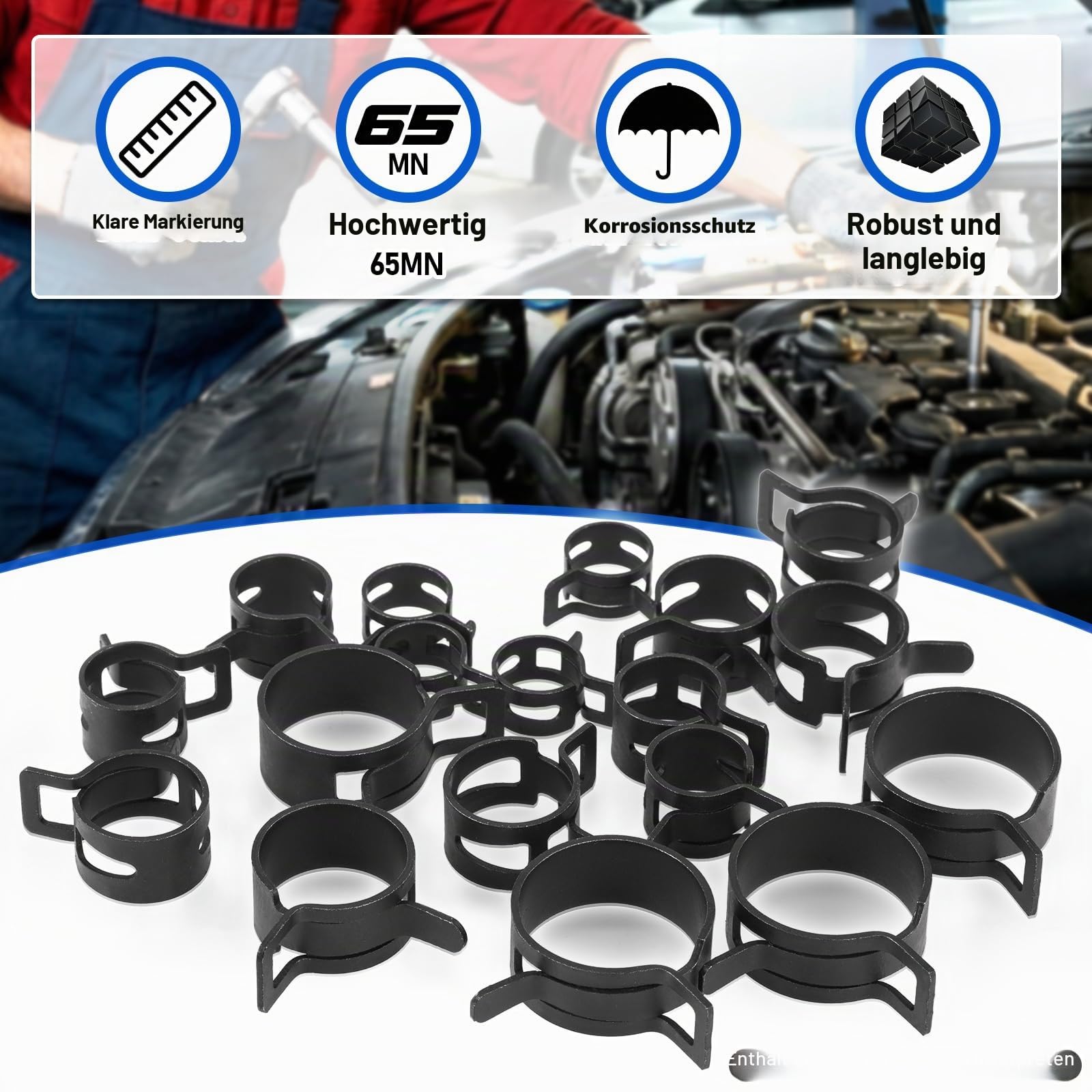 Toolwiz 130 Stück 6–25 mm Federband-Schlauchklemmen-Sortiment mit Schwenkklemmenzange, konstante Spannung, Heizkörperschlauchschellen, schwarze Schlauchschellen für Kraftstoffleitung