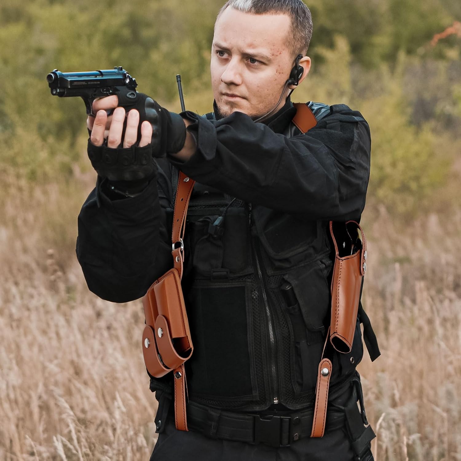 Adjustable Leather Shoulder Holster for Concealed Carry Universal Gun Holster for Men with Double Magazine Pouch Fits 1911, Glock 17/19/23, and Most Pistols (Right Hand Use) - Image 7