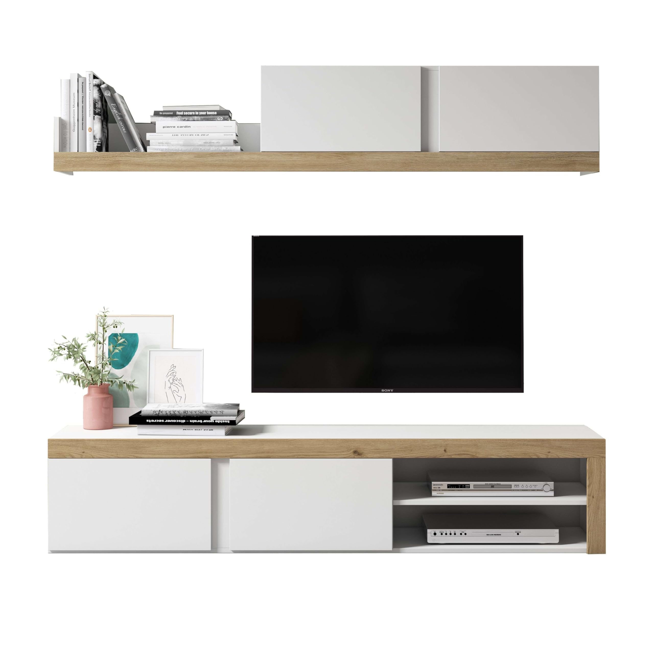 FABRIKIT Mueble de salón Comedor Fly 2 módulos Color Blanco y Naturale Estilo Moderno almacenaje 200x180x40 cm