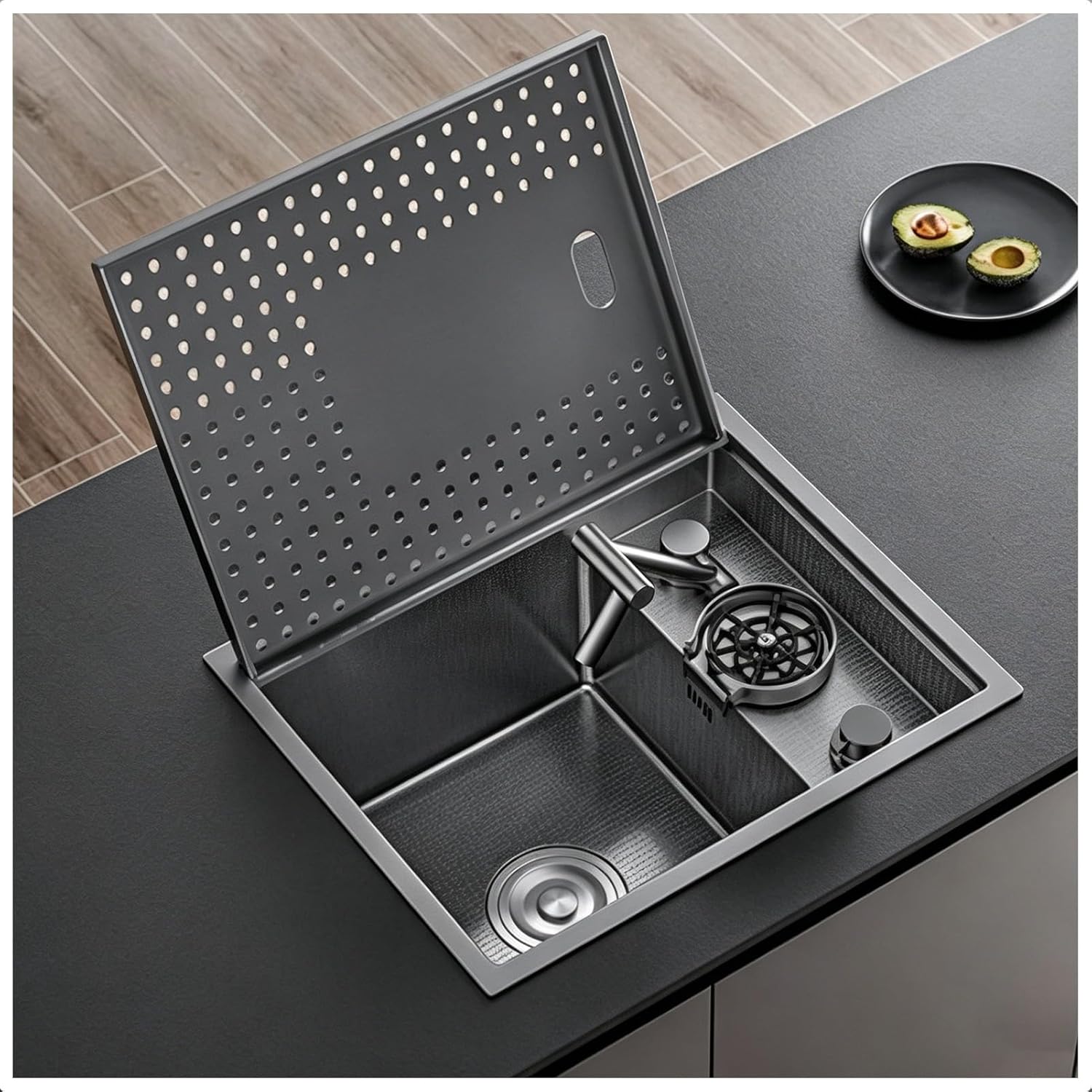 Drop-in Kitchen Sink With Foldable Drainboard Cover, 16 Gauge Stainless Steel Workstation Sink, Built-in Faucet Hole, Multi-Function Prep Sink For Bar, RV(Black-Gray#2,45x36cm)
