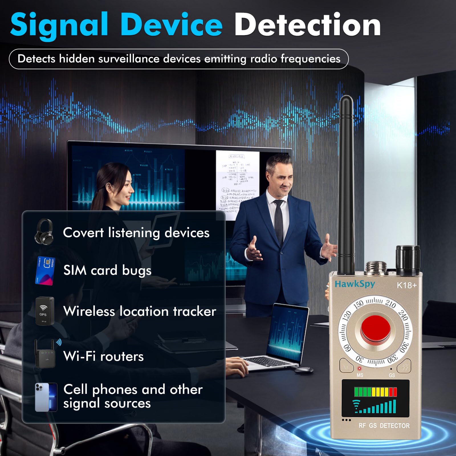 K18 Elektronischer Signaldetektor mit RF-Signalerkennung, Kamera Detektor, Magnetfelderkennung und Optischer Linsenerkennung, Ton- und Vibrationsalarm, Tragbar, USB-C, Gold